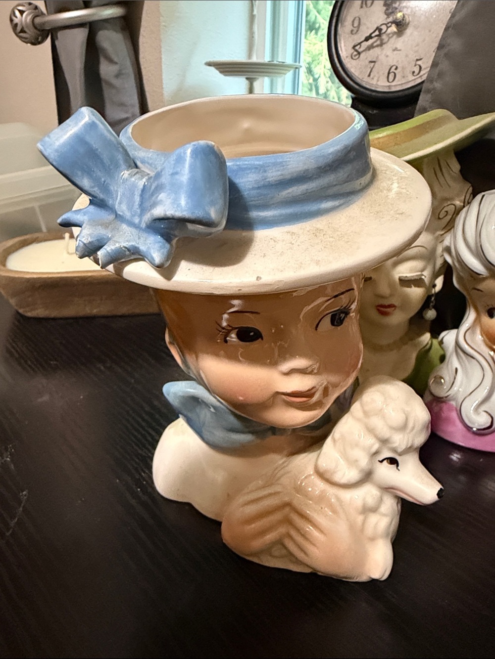 Vintage Ceramic Lady Head Vase with Blue Hat and Poodle - Home Art